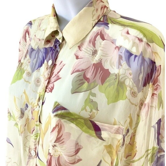 Adrienne Vittadini Elegant 100% Silk Sheer Butter Yellow Floral Summer Blouse S - Picture 2 of 11